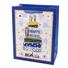 Пакет бумажный С ДР, стильный торт, синий
