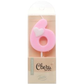 Свеча 6, розовая, с сердечком