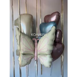 Набор шаров на годик с бабочкой и сердечками